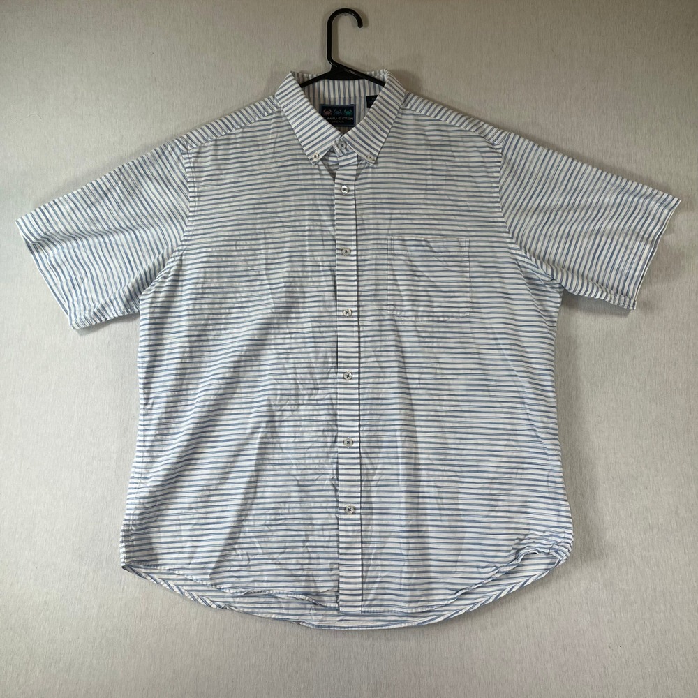 Charleston Threads Mens XXL Blue White Striped Cotton Short Sleeve Button Down